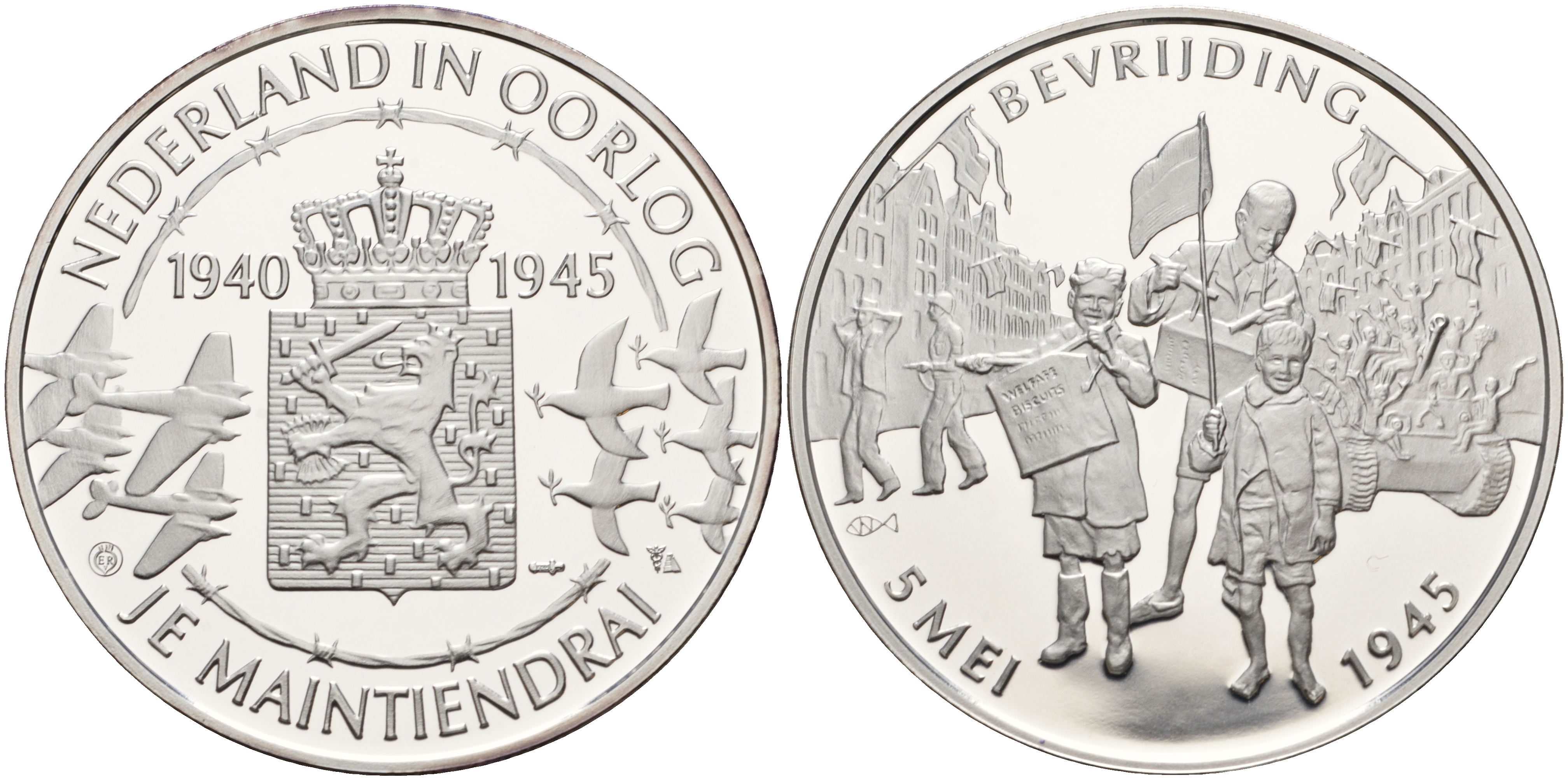 Нидерланды медаль ND Голландия в войне 1940-1945, победа 5 мая 1945 года, 31,3 гр, 45,0 мм  серебро  PROOF  11-242-31