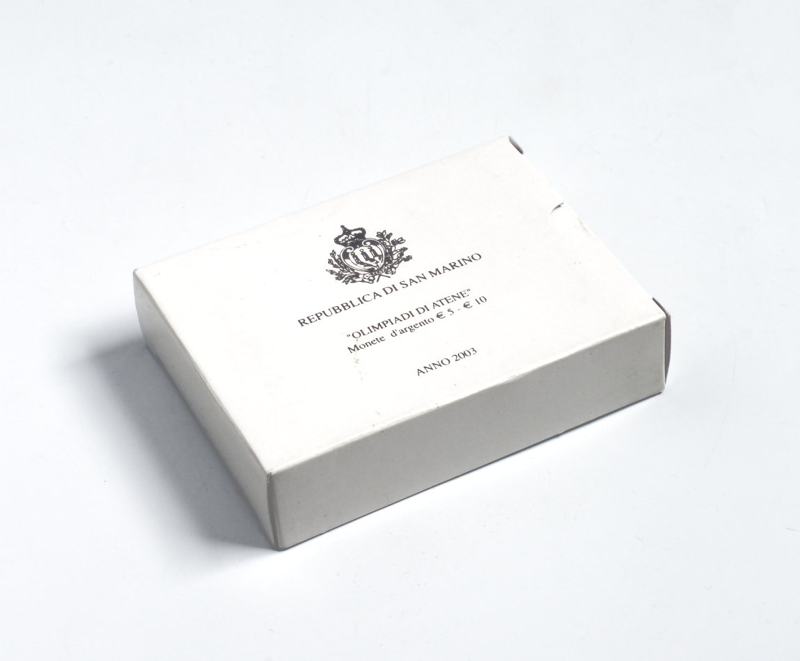 Сан-Марино набор 5 и 10 евро 2003 Олимпийские игры в Афинах 2004, виды спорта, в оригинальной коробке, с сертификатом KM 453, 454 серебро PROOF 6-5-1-02