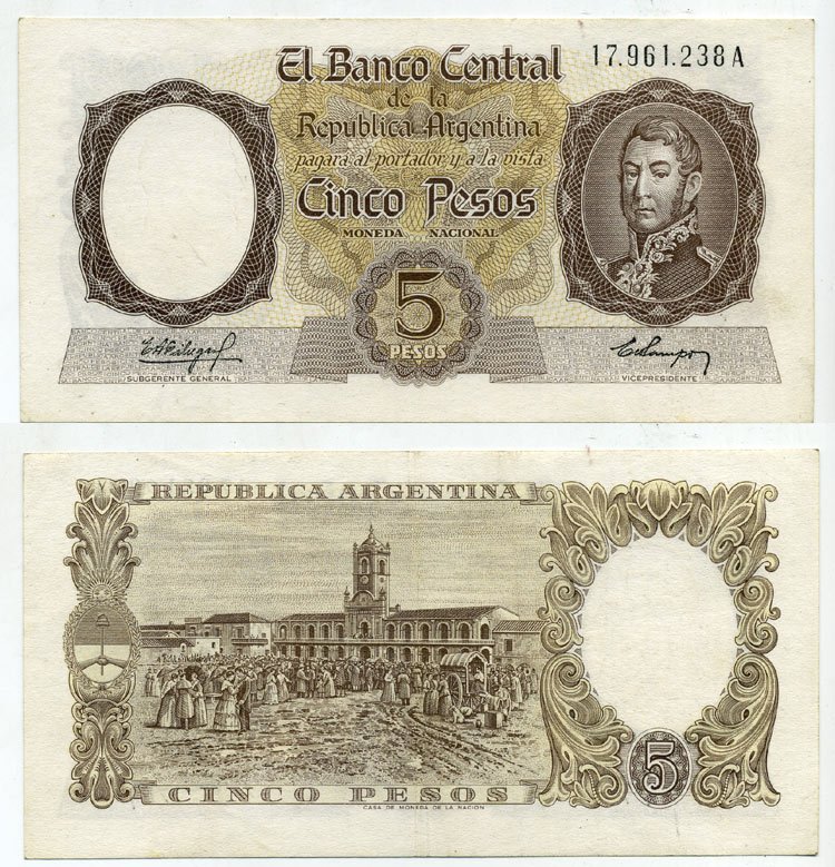 АРГЕНТИНА 5 ПЕСО 1960 СЕРИЯ A 17961, ГЕНЕРАЛ САН МАРТИН Pick 275 бумага UNC (ПРЕСС) 445-12-3