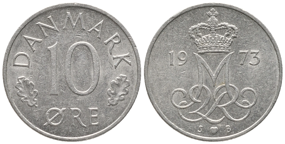 ДАНИЯ 10 ЭРЕ 1973 S; B, МАРГРЕТЕ II (1972-) KM 860.1 медно-никель 100-1147