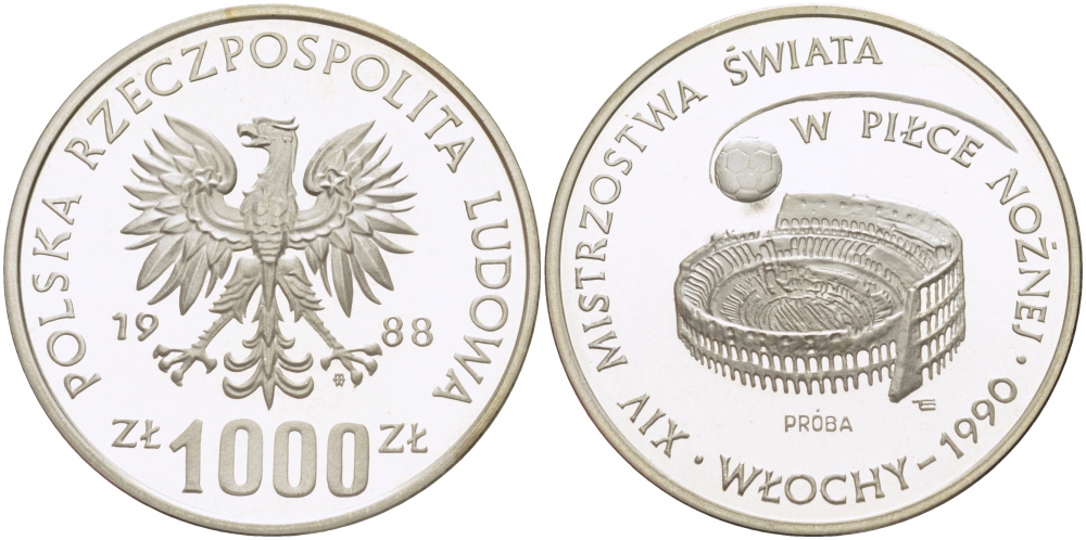 Польша 1000 злотых 1988 MW, чемпионат мира по футболу в Италии 1990 года, стадион, PROBA, тираж 7000 экземпляров KM Pr 581, Parchimowicz P.496a серебро PROOF 1082-1-45