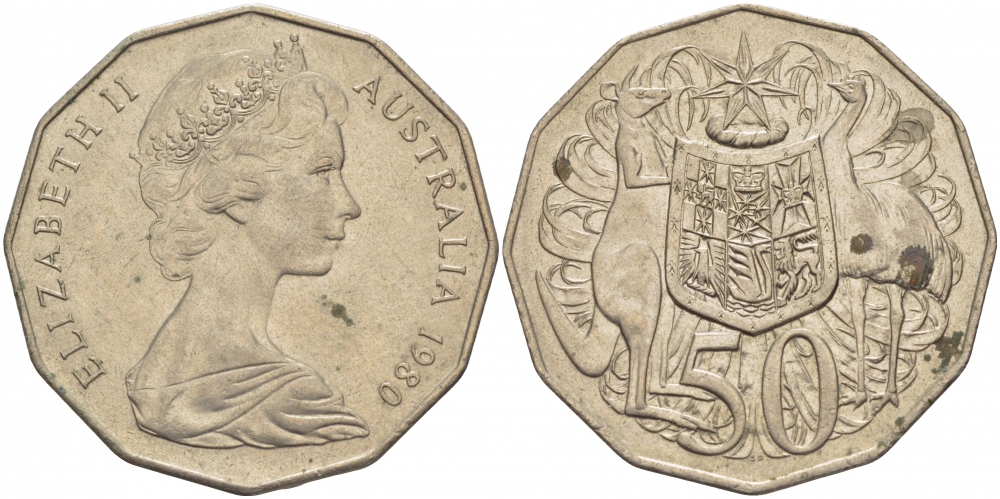 Австралия 50 центов 1980 Елизавета II (1952-2022), герб, кенгуру KM 68 медно-никель 3457-221