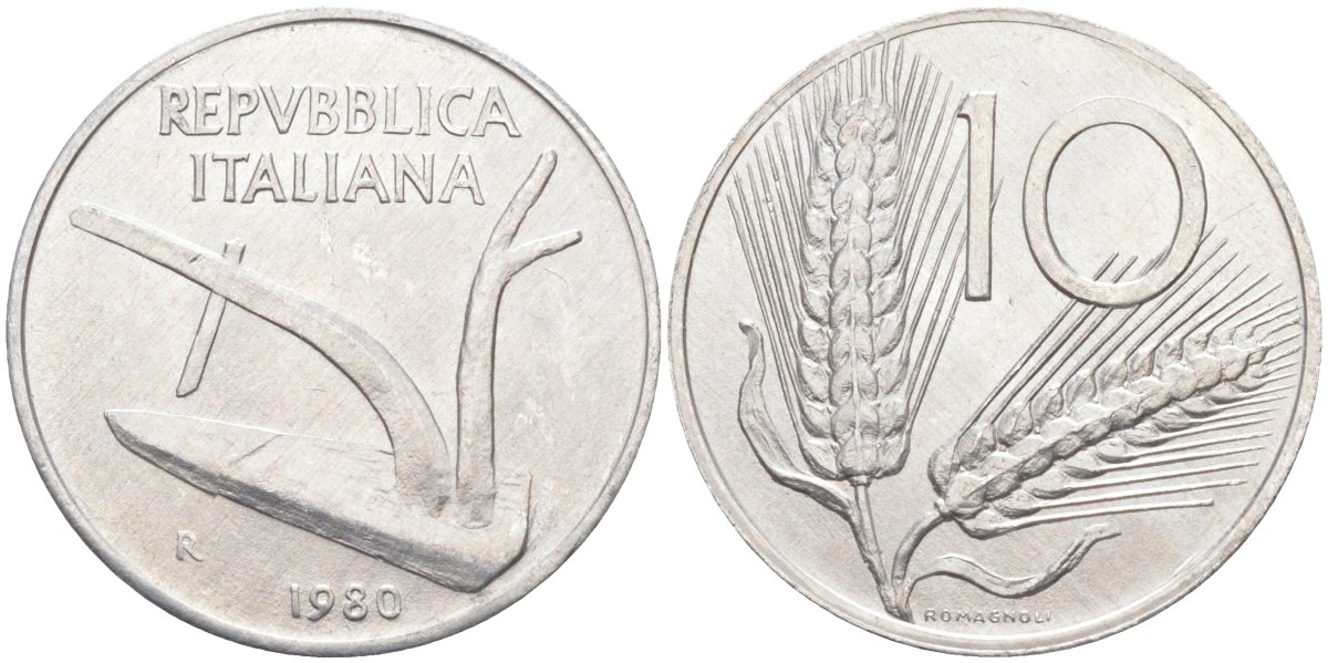 Италия 10 лир 1980 R, КОЛОС, плуг KM 93 алюминий 4519-1056