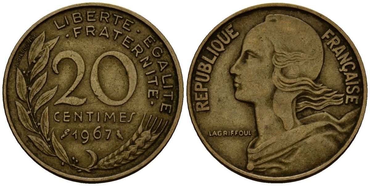 Франция 20 сантимов 1967 KM 930 алюминиевая бронза 4138-345