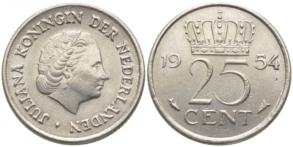 НИДЕРЛАНДЫ 25 ЦЕНТОВ 1954 ЮЛИАНА KM 183 никель 112-315