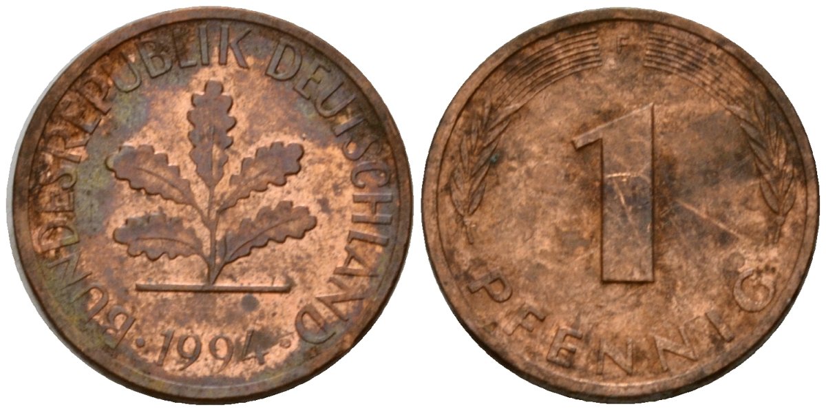 ФРГ 1 пфенниг 1994 F KM 105, J.380 сталь плакированная медью 4602-816