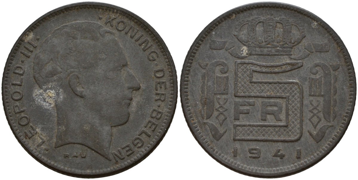 Бельгия 5 франков 1941 DES BELGEN, Леопольд III (1934-1947) KM 129 цинк 4161-922