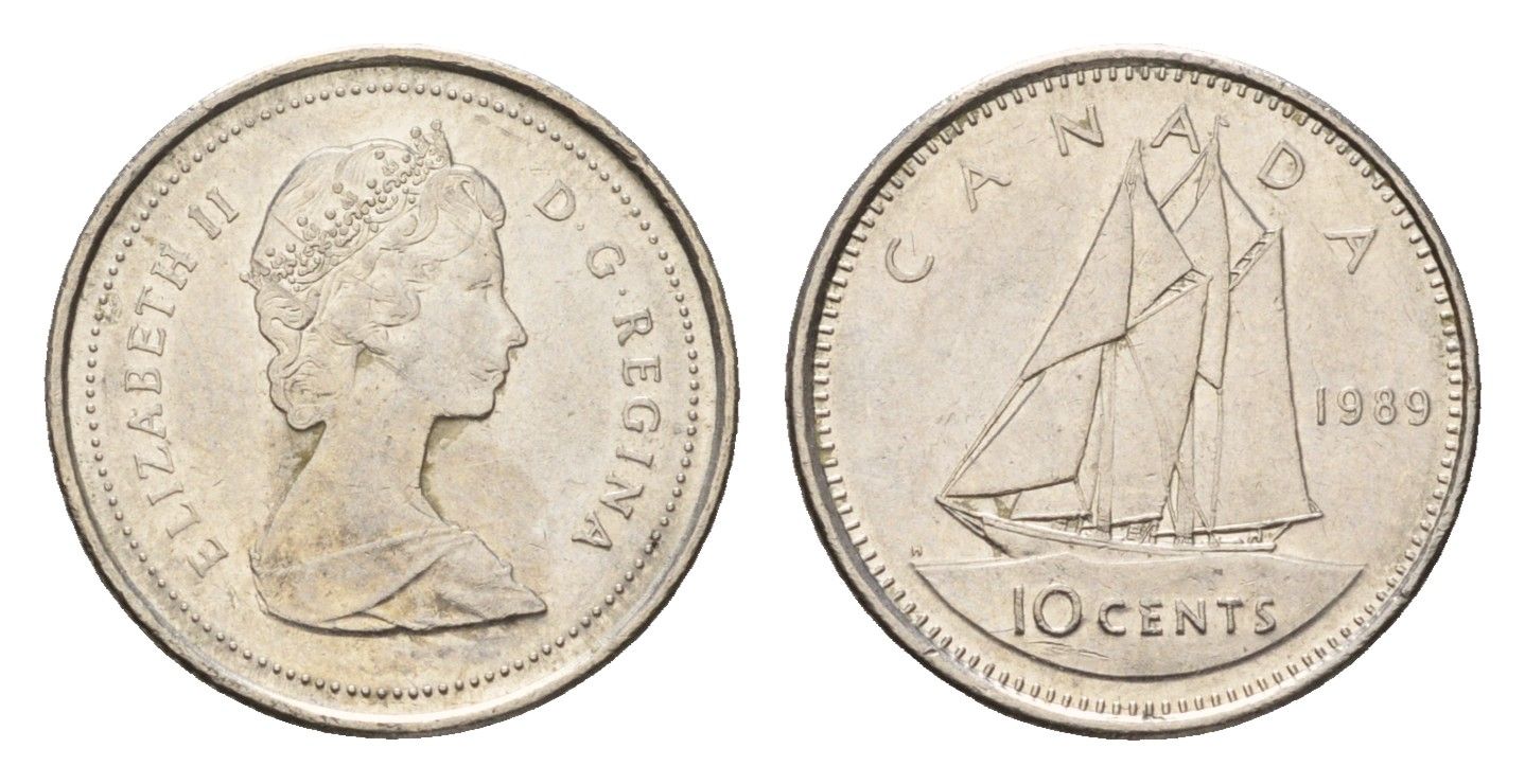 Канада 10 центов 1989 Елизавета II (1952-2022), парусник KM 77 никель 4689-561