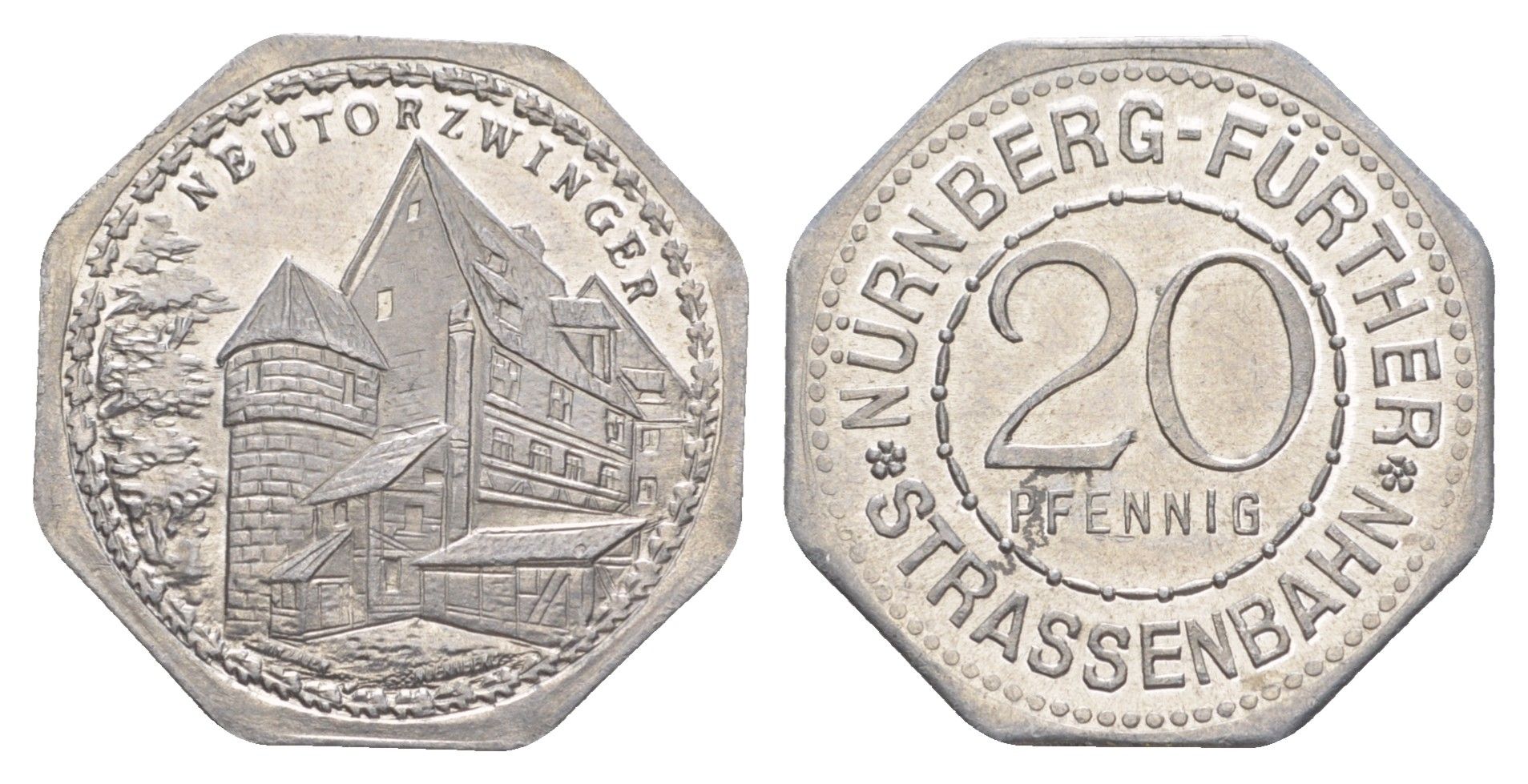 Нюрнберг трамвайный (транспортный) жетон в 20 пфеннигов ND (1920-1921) Новые ворота Men05 19256.26, Men18 24102.26 алюминий UNC 4638-314