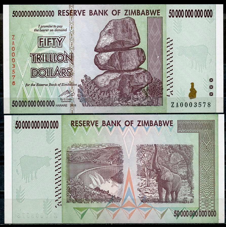 Зимбабве 50000000000000 (50 триллионов) долларов 2008 камни Чиремба, плотина Кариба, слон, серия ZA замещенная Pick 90 z  бумага  UNC (пресс) 451-408-1