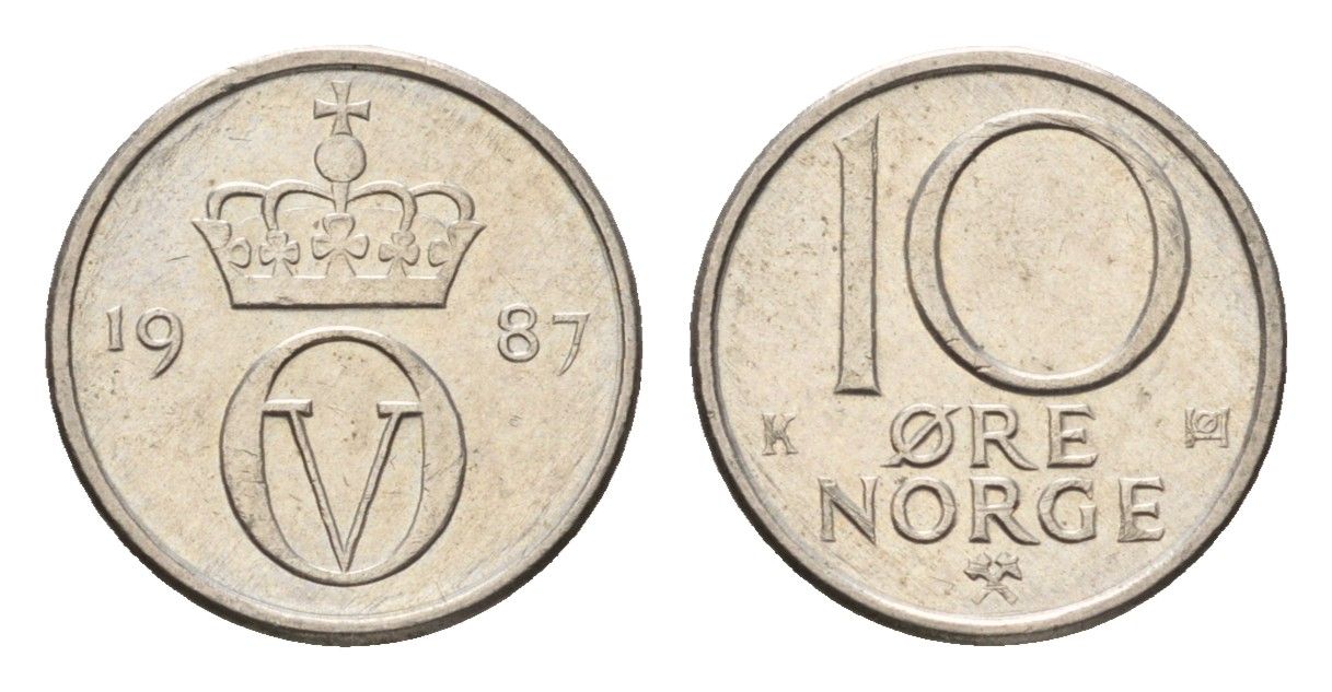 Норвегия 10 эре 1987 Улаф V (1957-1991) KM 416 медно-никель UNC 4684-729