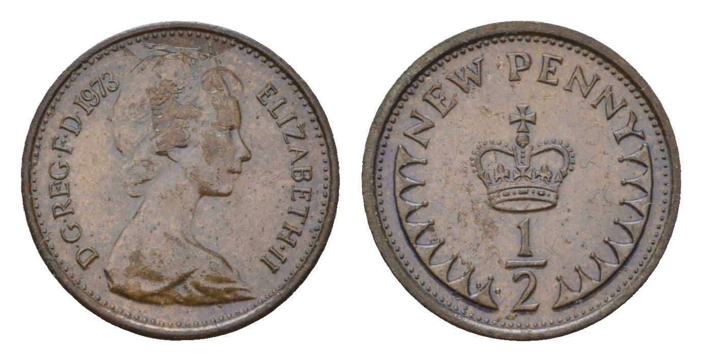 Великобритания 1/2 новый пенни 1973 Елизавета II (1952-2022) KM 914, Spink 4239 бронза 96-668