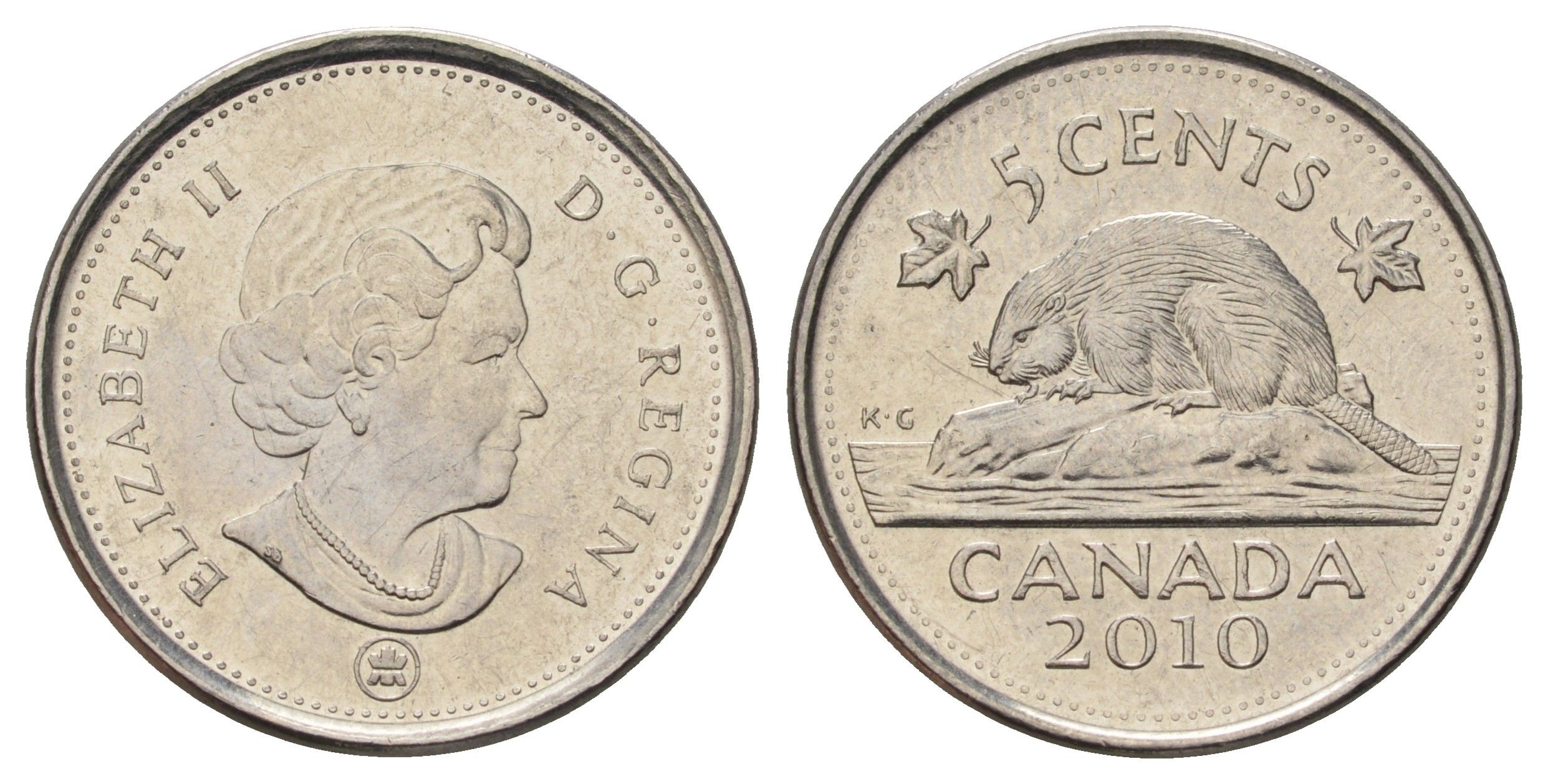 Канада 5 центов 2010 Leaf, Елизавета II (1952-2022), бобр KM 491 сталь плакированная никелем 4689-525