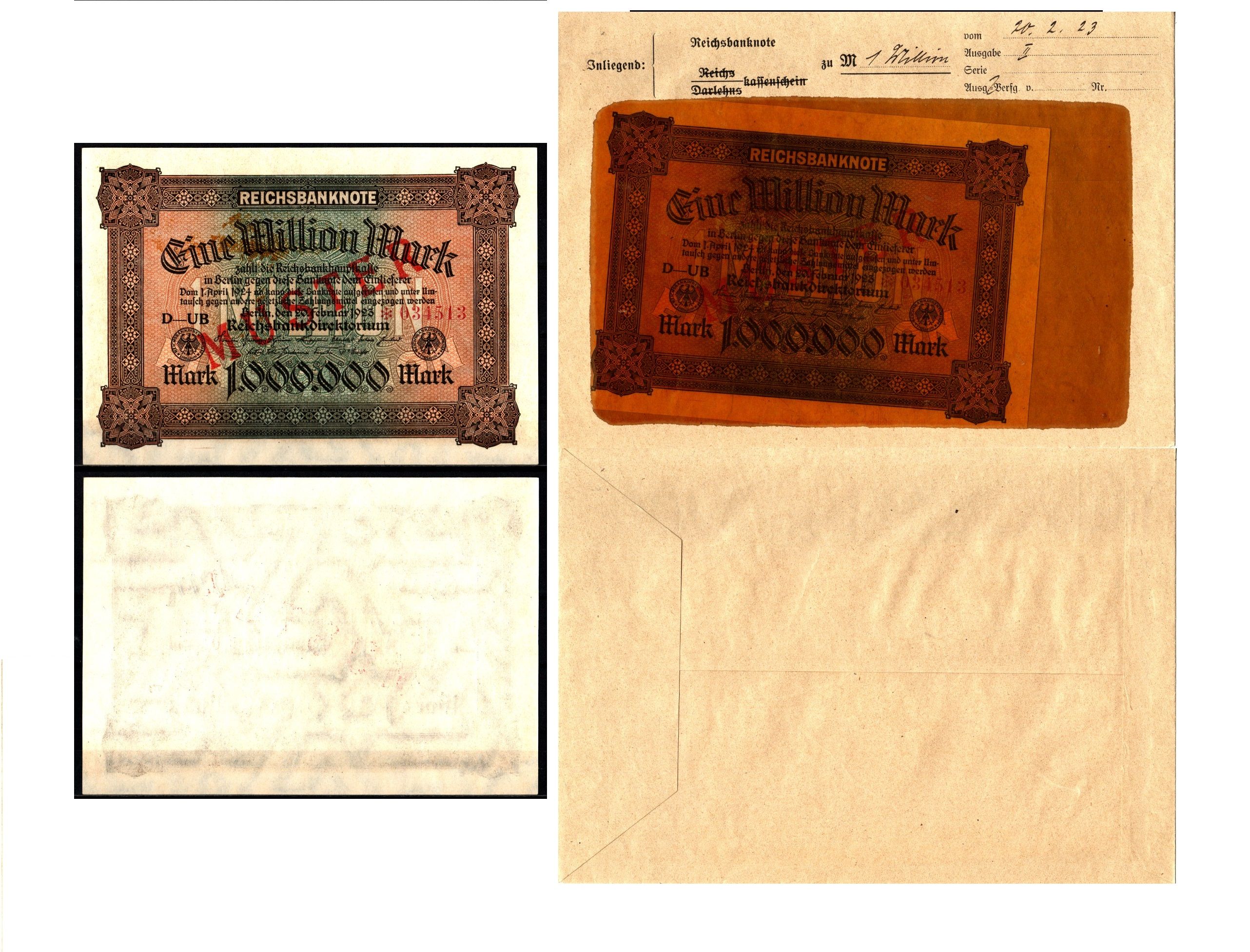Германия 1000000 марок 1923 20 февраля, MUSTER, образец, Specimen. В оригинальном банковском конверте. Из коллекции Отто Сейфферта (помощник Ялмара Шахта - министра экономики Германии и президента Рейхсбанка времен третьего рейха) Pick 86 s, Grabowski DEU