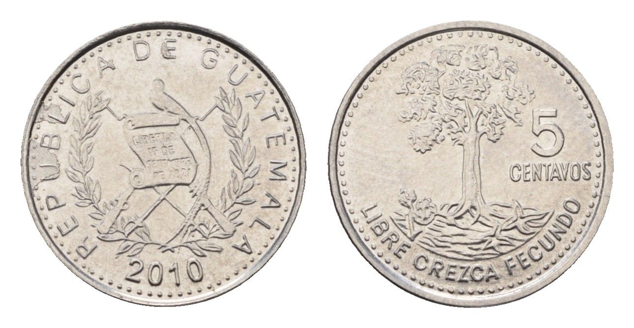 Гватемала 5 сентаво 2010 KM 276.6 сталь плакированная никелем UNC 4697-515