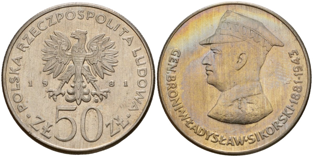 Польша 50 злотых 1981 MW, Военачальники Второй мировой войны - Владислав Сикорский Y 122 медно-никель UNC 109-1243