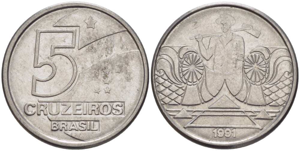 Бразилия 5 крузейро 1990 фермер KM 618.1 нержавеющая сталь 3851-1217