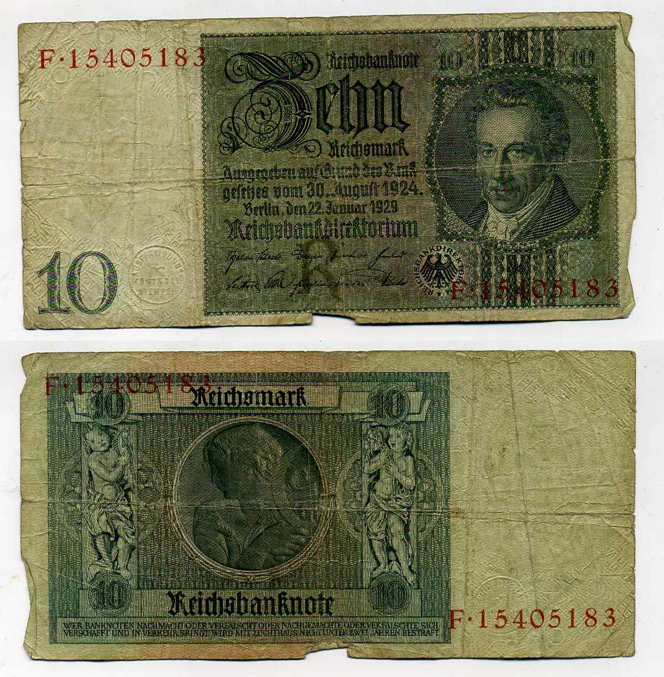 Германия 10 рейхсмарок 1929 Альбрехт Д. Тэер, буква R, серия F Pick 180a, Ros. 173е  бумага 6287-50-2-2