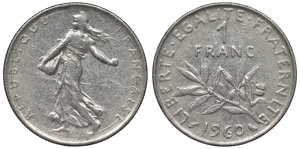 Франция 1 франк 1960 сеятель KM 925.1, Le Franc 226.5 никель 4128-424
