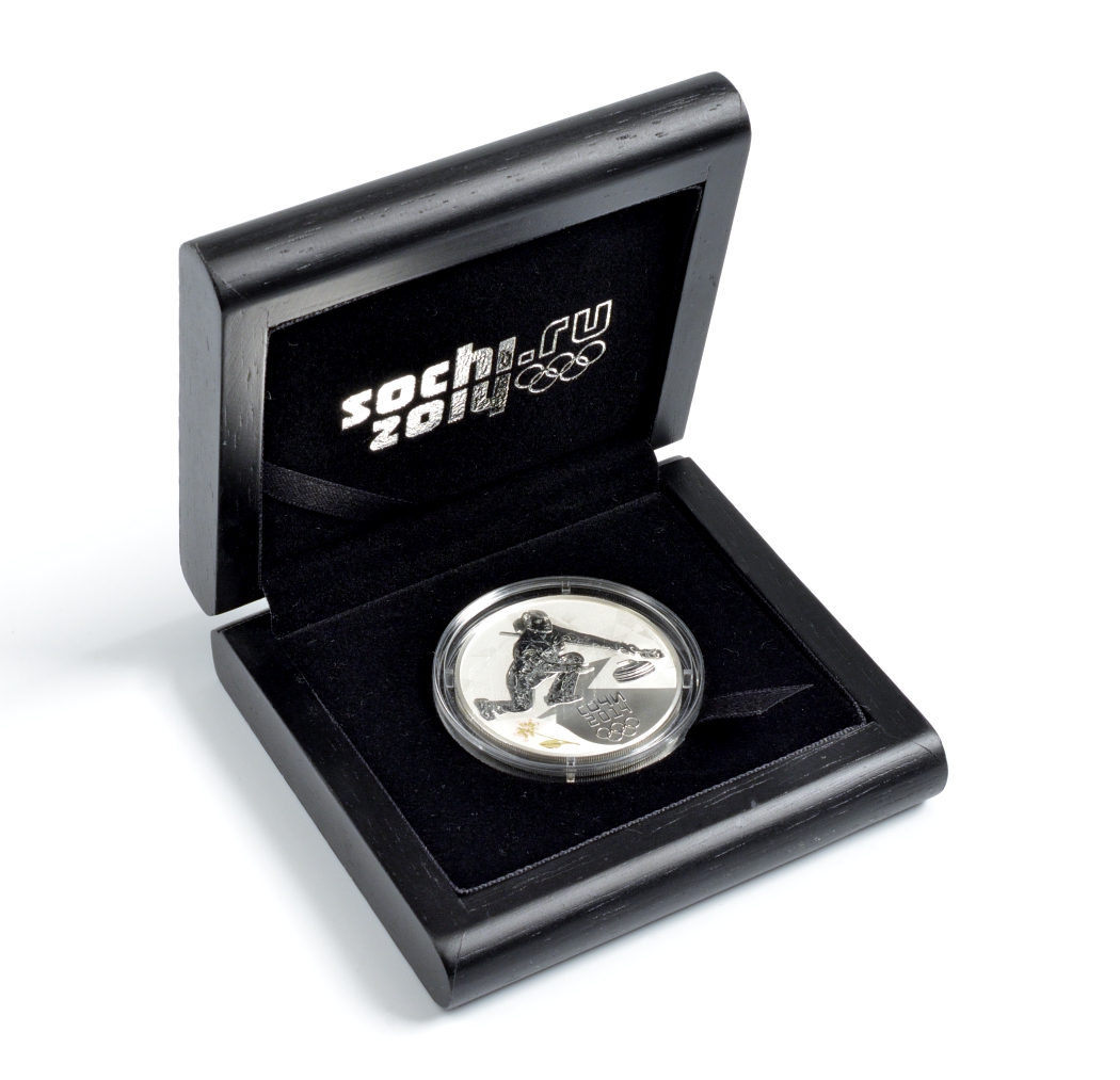 Россия 3 рубля 2014 СПМД, Олимпийские игры в Сочи 2014, кёрлинг, проба 925, вес 31,1 ГР., в оригинальной деревянной коробке Y 1483 серебро PROOF 3-4-2-34
