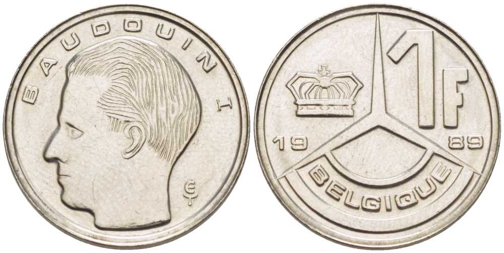 Бельгия 1 франк 1989 Belgique, Бодуэн I (1951-1993) KM 170 железо плакированное никелем 206-223
