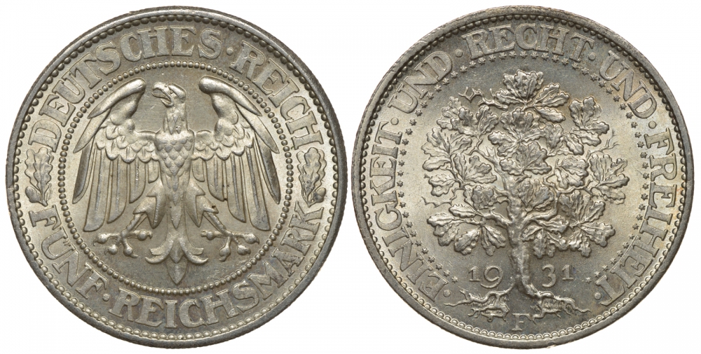 Германия 5 марок 1931 F, Дуб. Единство, справедливость, свобода, цена по каталогу МТ 500 евро J. 331, KM 56 серебро UNC 00-804-10