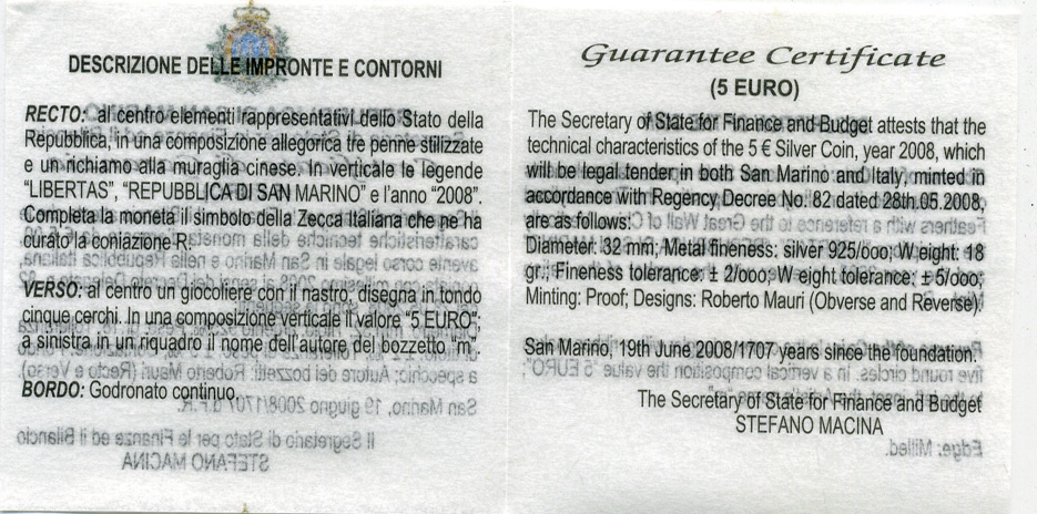 Сан-Марино 5 евро 2008 Олимпиада в Пекине, танец с лентами, в коробке с сертификатом KM 513 серебро PROOF 2-4-2-12