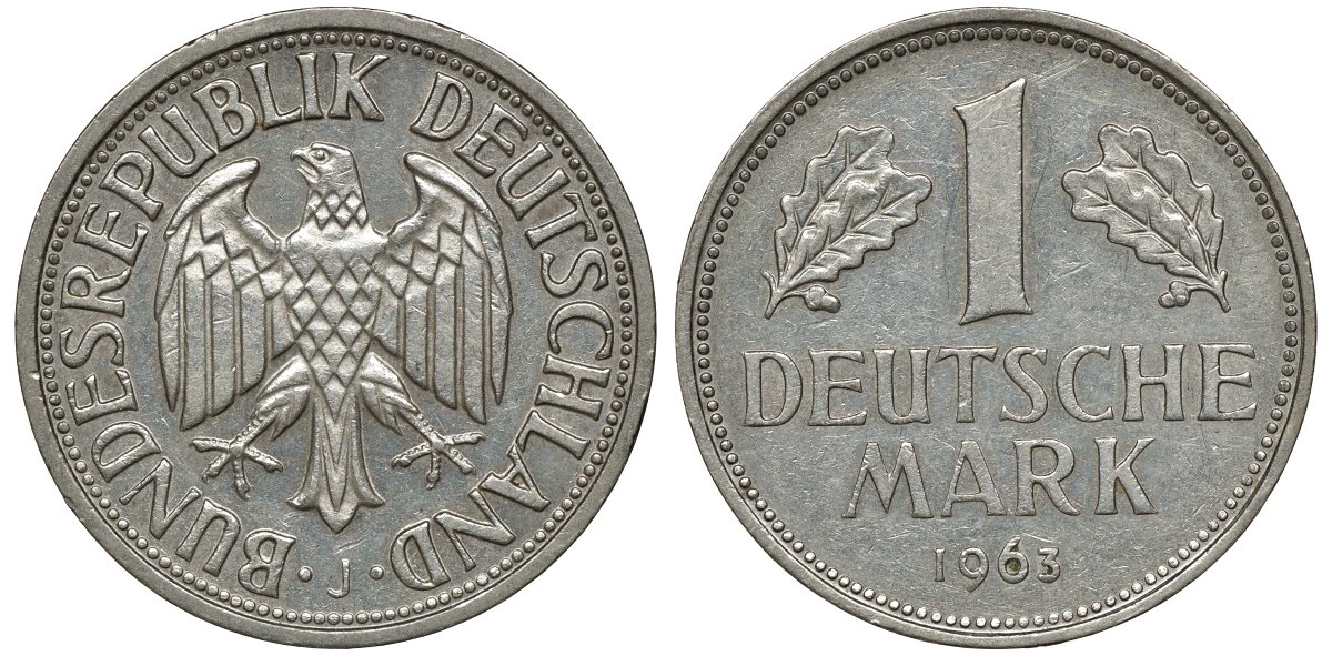 ФРГ 1 МАРКА 1963 J KM 110, J. 385 медно-никель 72-727