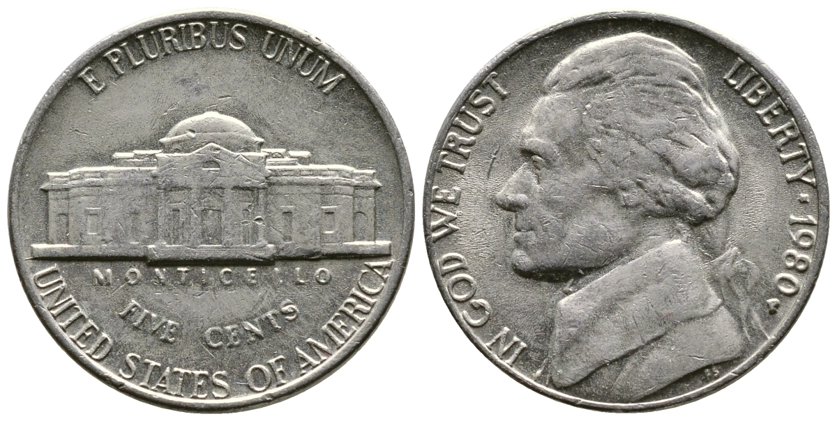 США 5 ЦЕНТОВ 1980 P, ДЖЕФЕРСОН KM А192 медно-никель 76-1012