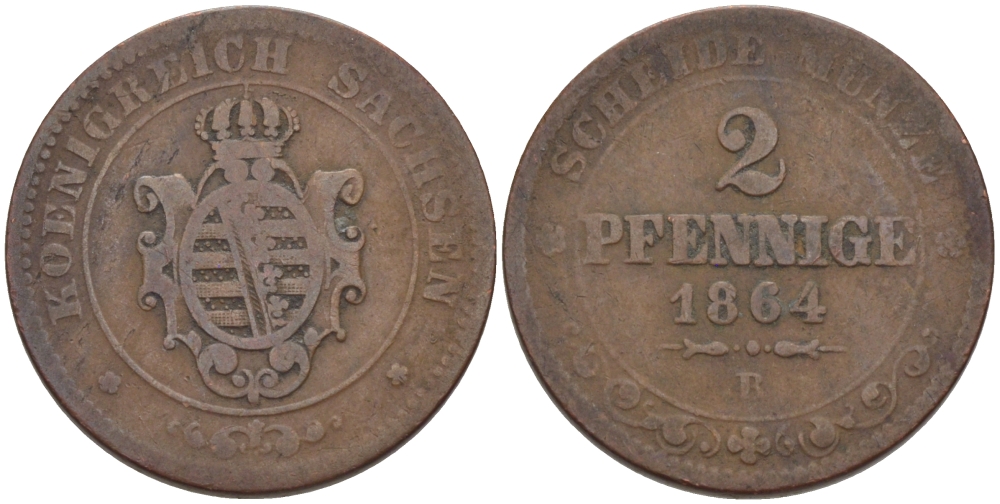 Саксония 2 пфеннига 1864 В, Иоганн (1854-1873) KM 1217, Jaeger 121, AKS 155 медь 100-331