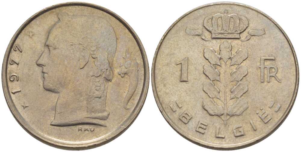 БЕЛЬГИЯ 1 ФРАНК 1977 BELGIE, БОДУЭН I (1951-1993) KM 143.1 медно-никель 202-1113