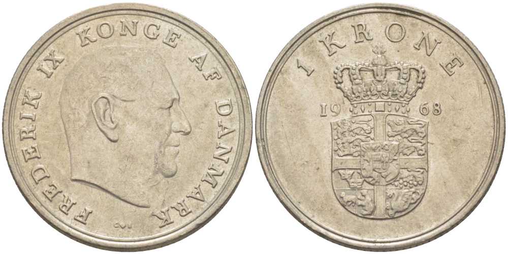 ДАНИЯ 1 КРОНА 1968 C; S, ФРЕДЕРИК IX (1947-1972) KM 851.1 медно-никель 95-515