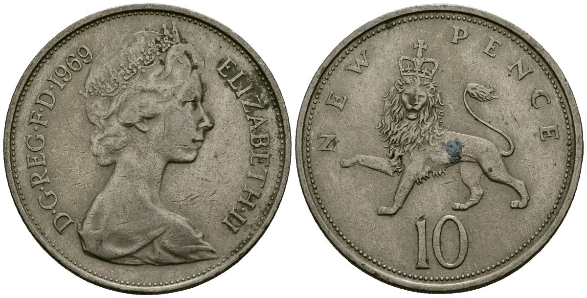 Великобритания 10 пенсов 1969 Елизавета II (1952-2022) KM 912, Spink 4231 (F1) медно-никель 4137-341
