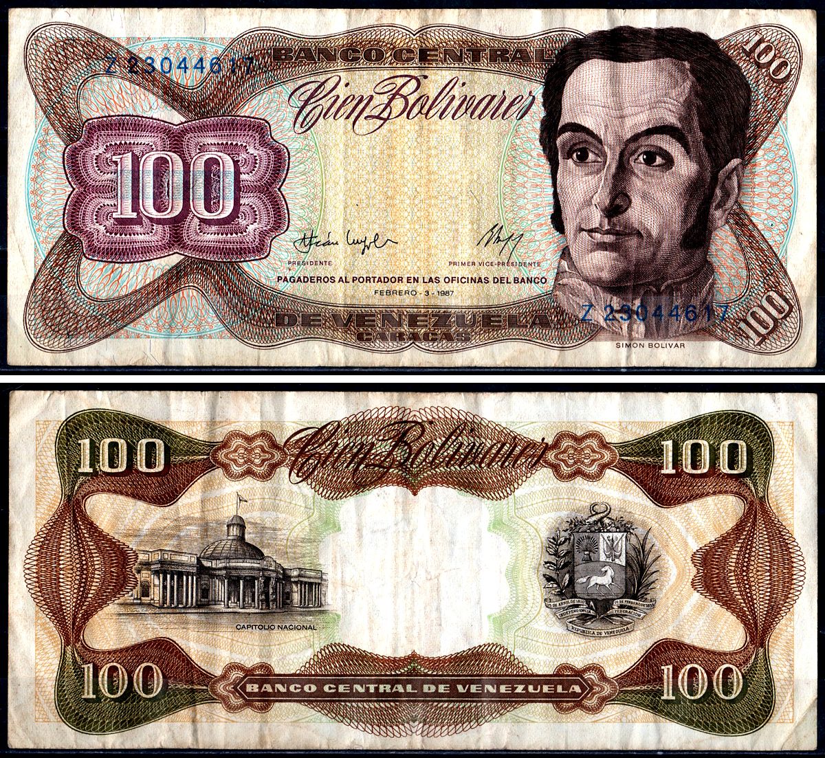 Венесуэла 100 боливаров 1987 Pick 66a бумага 3295-81-3-2