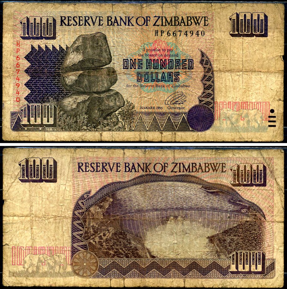 Зимбабве 100 долларов 1995 Кариба ГЭС Pick 9 a бумага 7548-10-3-2
