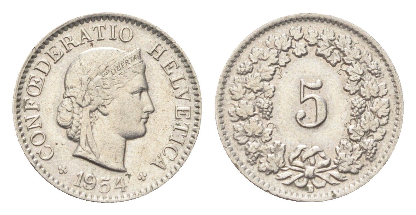 Швейцария 5 раппенов 1954 B KM 26 медно-никель 4705-849