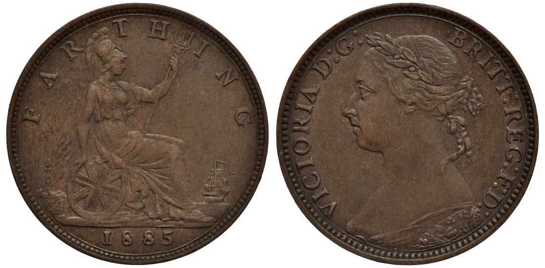 Великобритания 1 фартинг 1885 Виктория (1837-1901) KM 753, Spink 3958 бронза 1523-1232