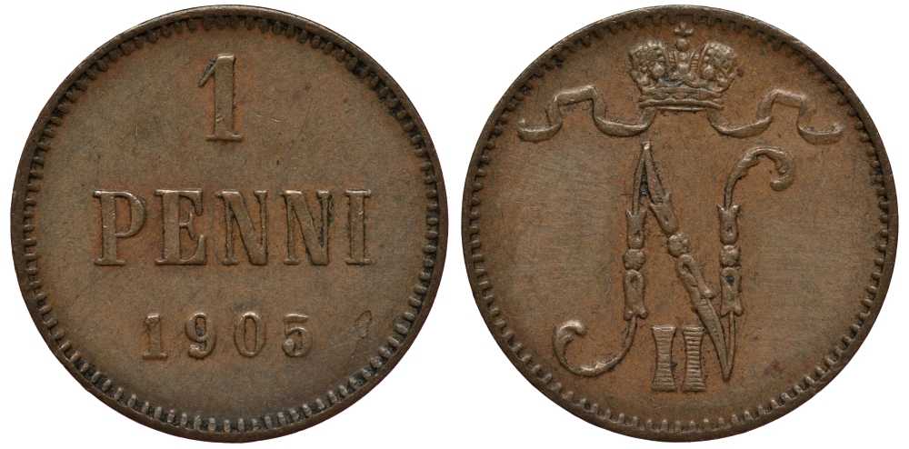 Россия для Финляндии 1 пенни 1905 Николай II (1894-1917) Биткин 466 медь 3309-826