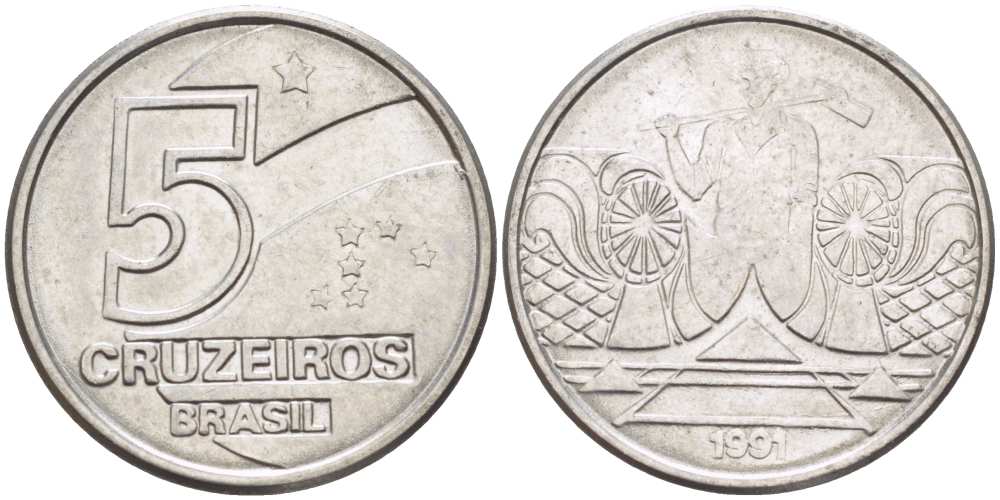 Бразилия 5 крузейро 1990 фермер KM 618.1 нержавеющая сталь 3856-215