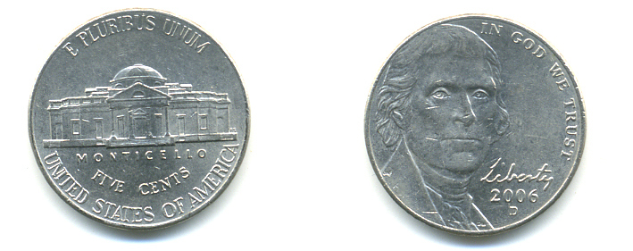 США 5 центов 2006 D, Джефферсон KM 381 медно-никель UNC 179-821