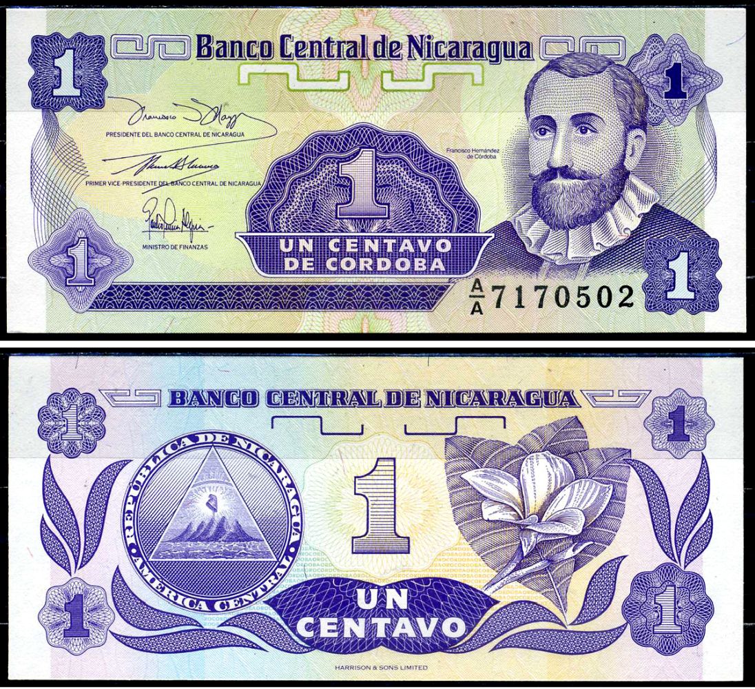 Никарагуа 1 сентаво ND (1991) Франсиско Эрнандес де Кордоба, плюмерия Pick 167 бумага UNC (пресс) 7203-94-3-2