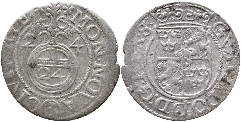 Латвия, Рига 3 ПОЛКЕРА = ПОЛТОРАК = 1/24 ТАЛЕРА = 1/2 ГРОША 1624 ШВЕДСКАЯ ОККУПАЦИЯ, ГУСТАВ VI (1621-1632) S.B. 11 серебро 1520-612