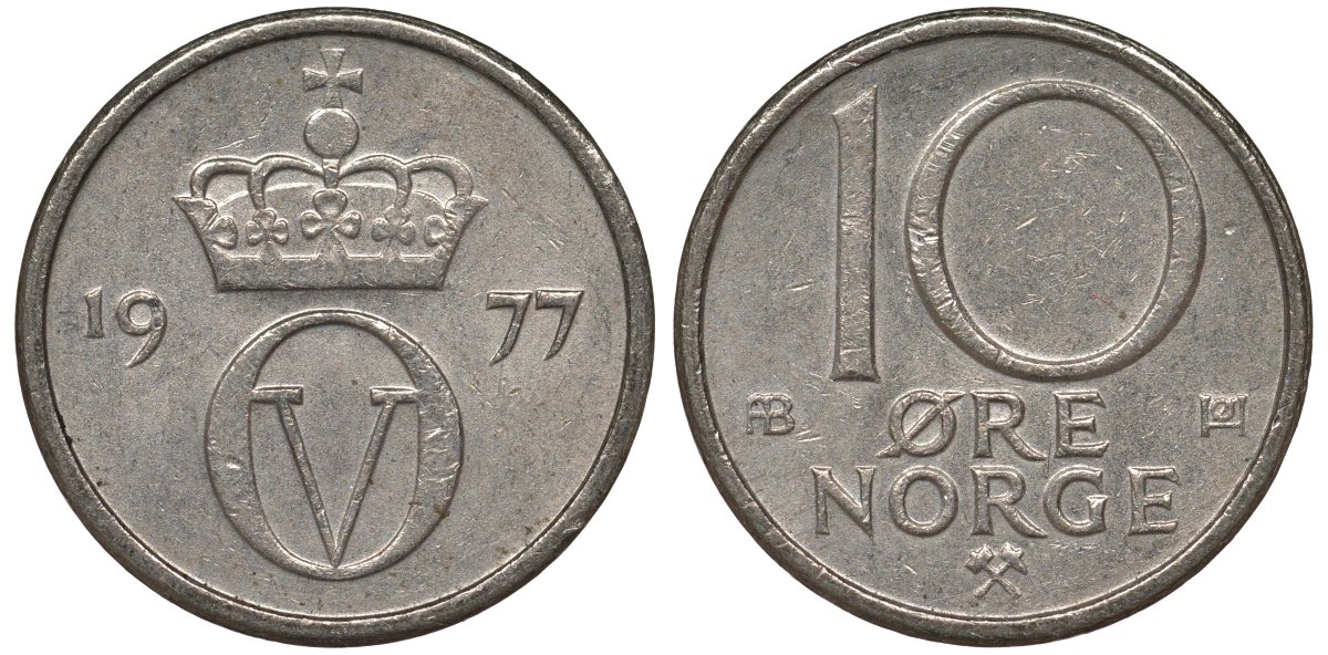 Норвегия 10 эре 1977 Улаф V (1957-1991) KM 416 медно-никель 4128-1146