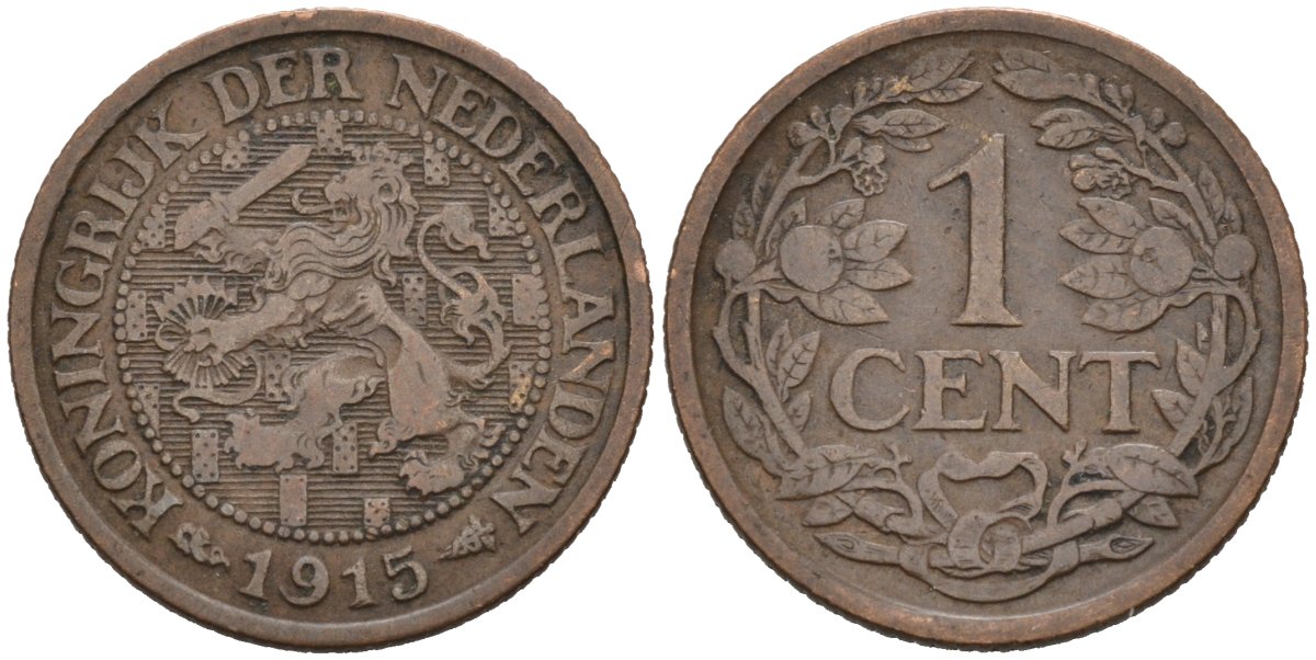 Нидерланды 1 цент 1915 Вильгельмина (1890-1948) KM 152 бронза 4576-715