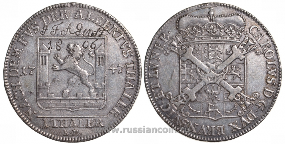 Брауншвейг-Люнебург 1 талер 1747 с гравировкой владельца Dav. 2148, Weege 2722 серебро 00-819-57