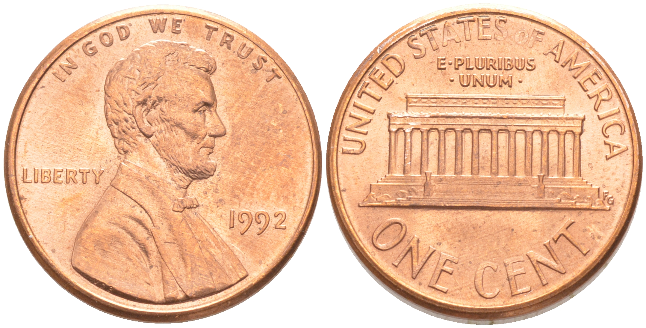 США 1 ЦЕНТ 1992 ЛИНКОЛЬН KM 201b цинк плакированный медью UNC 187-664