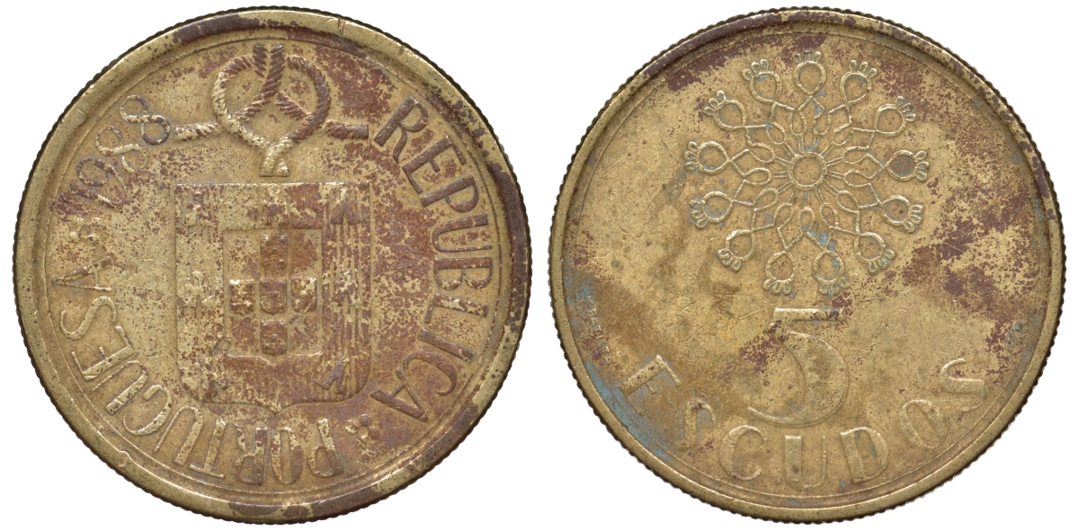 Португалия 5 эскудо 1988 KM 632 никель латунь 4142-1126