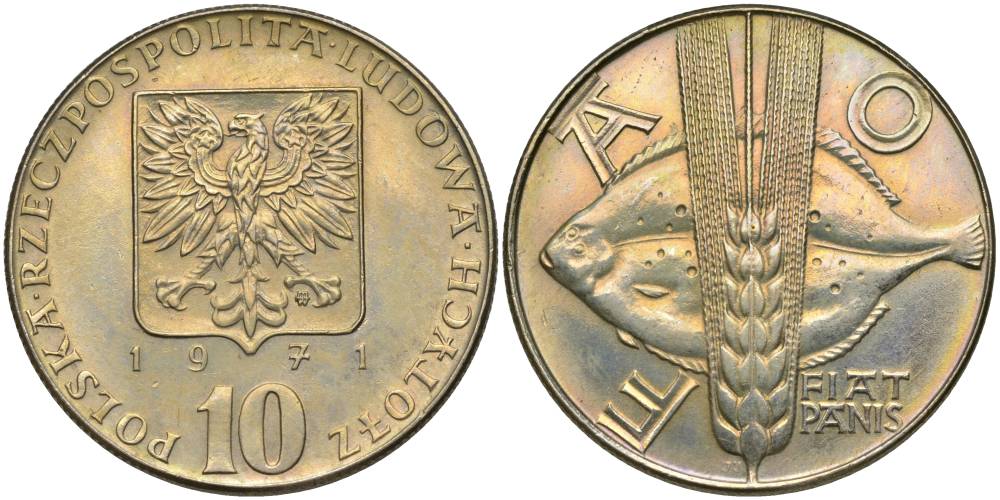 Польша 10 злотых 1971 FAO, продовольственная программа, рыбы KM 63 медно-никель UNC 55-214