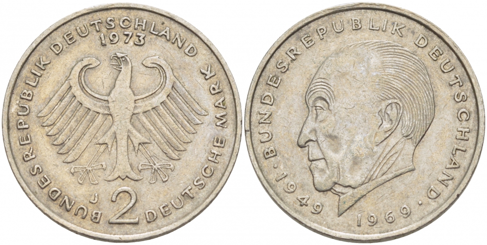 ФРГ 2 МАРКИ 1973 J, КОНРАД АДЕНАУЭР KM 124, J. 406 медно-никель плакированный никелем 3718-1056