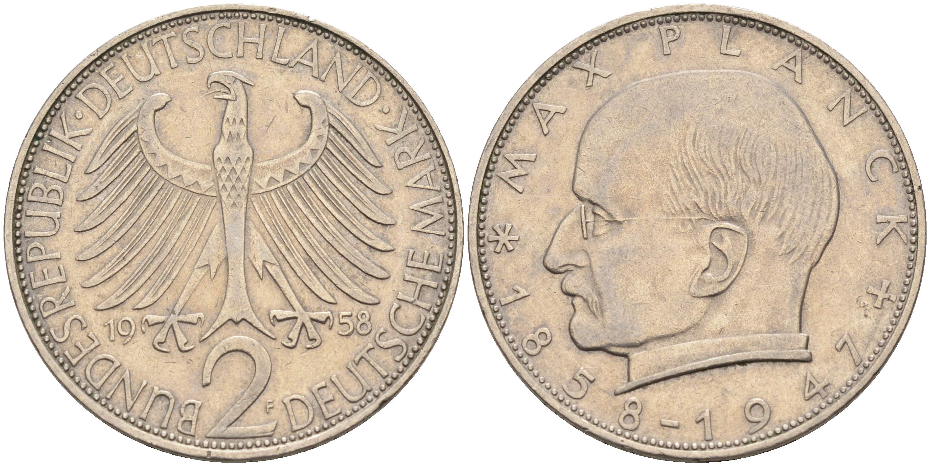 ФРГ 2 марки 1958 F, Макс Планк KM 116, J. 392 медно-никель плакированный никелем 4126-1257